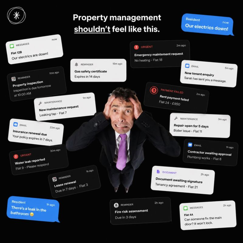 A stack of overlapping property notifications covering repairs, compliance and rent